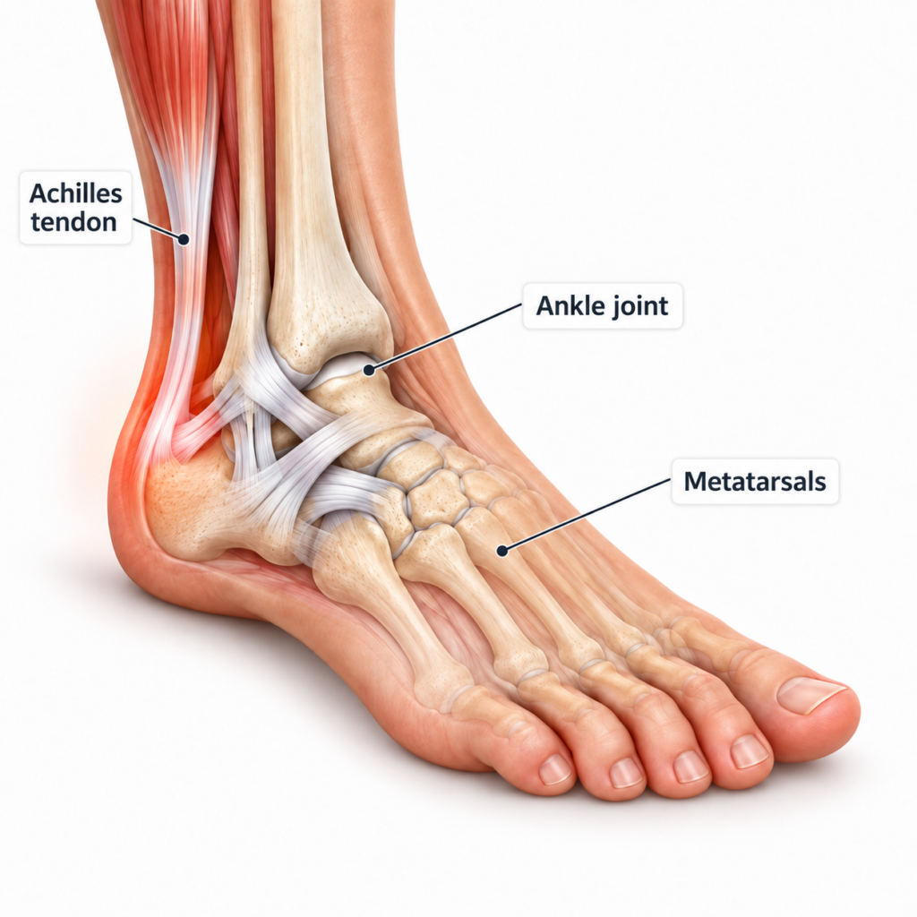 Foot and ankle anatomy labelled Achilles tendon, ankle joint and metatarsals