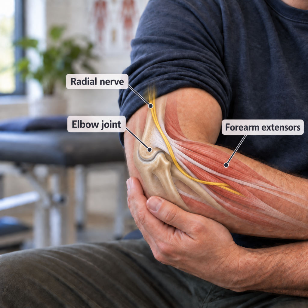 Outer elbow anatomy showing the elbow joint, forearm extensor muscles and radial nerve