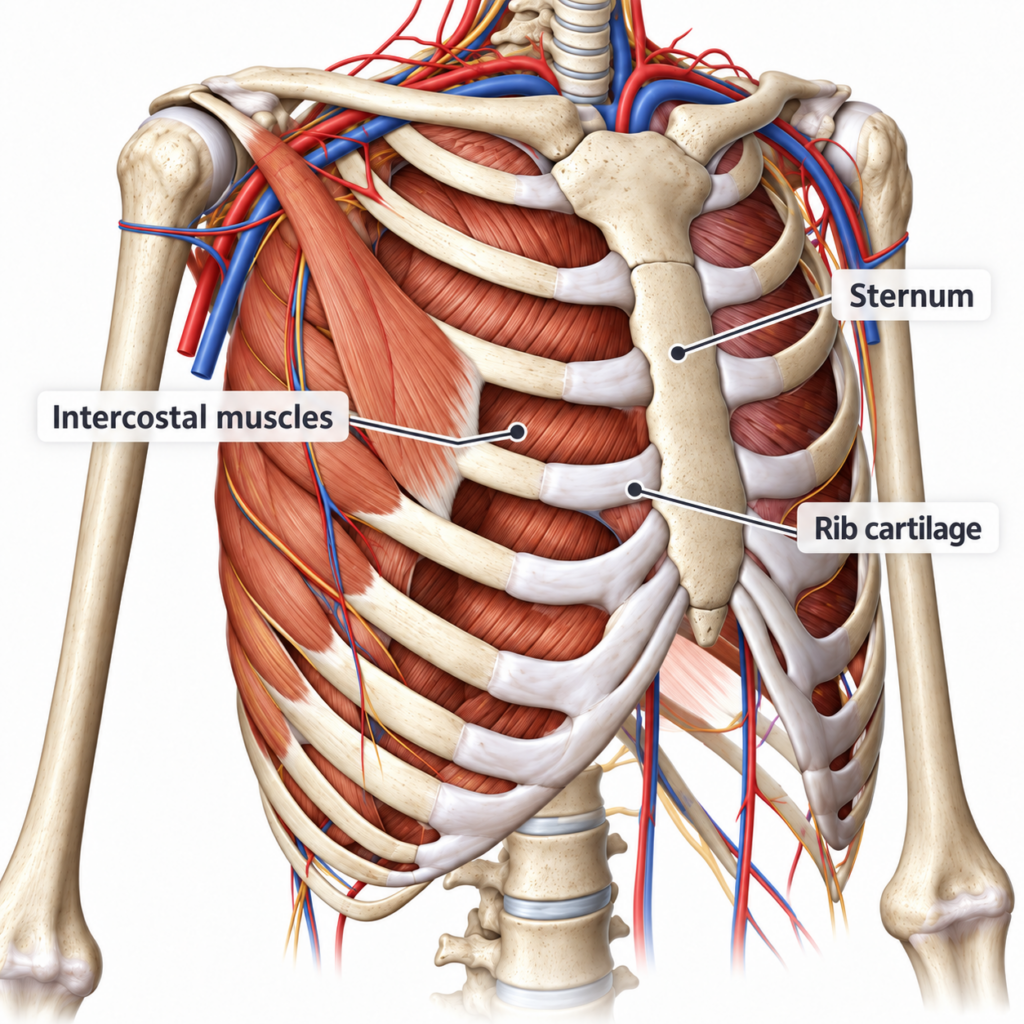 Chest wall anatomy labelled sternum, rib cartilage and intercostal muscles