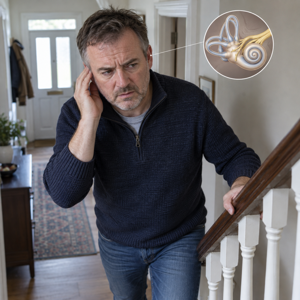 Man steadying himself on a stair rail while touching his ear; inner-ear inset illustrates balance and hearing structures