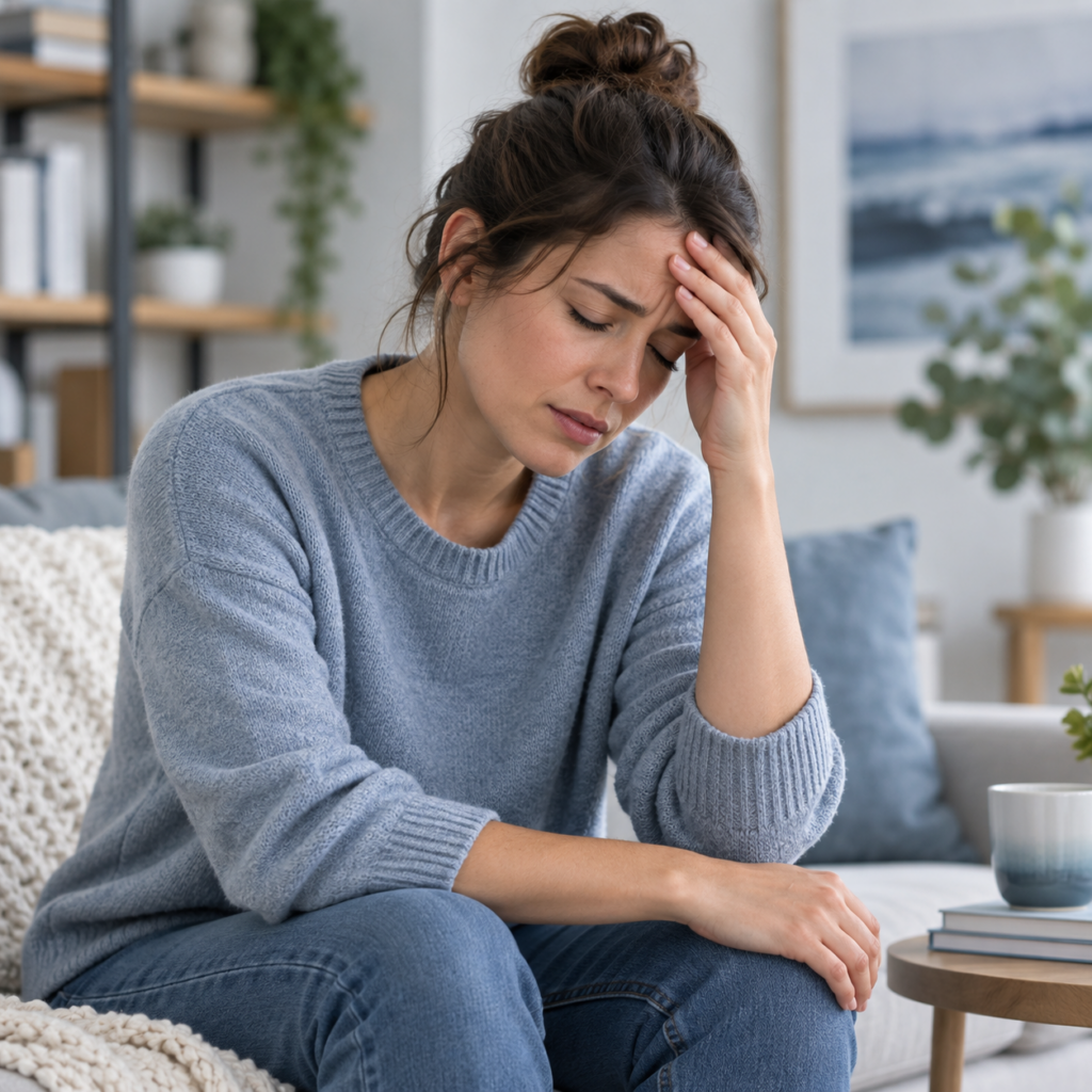 Woman holding her forehead, illustrating headache symptoms