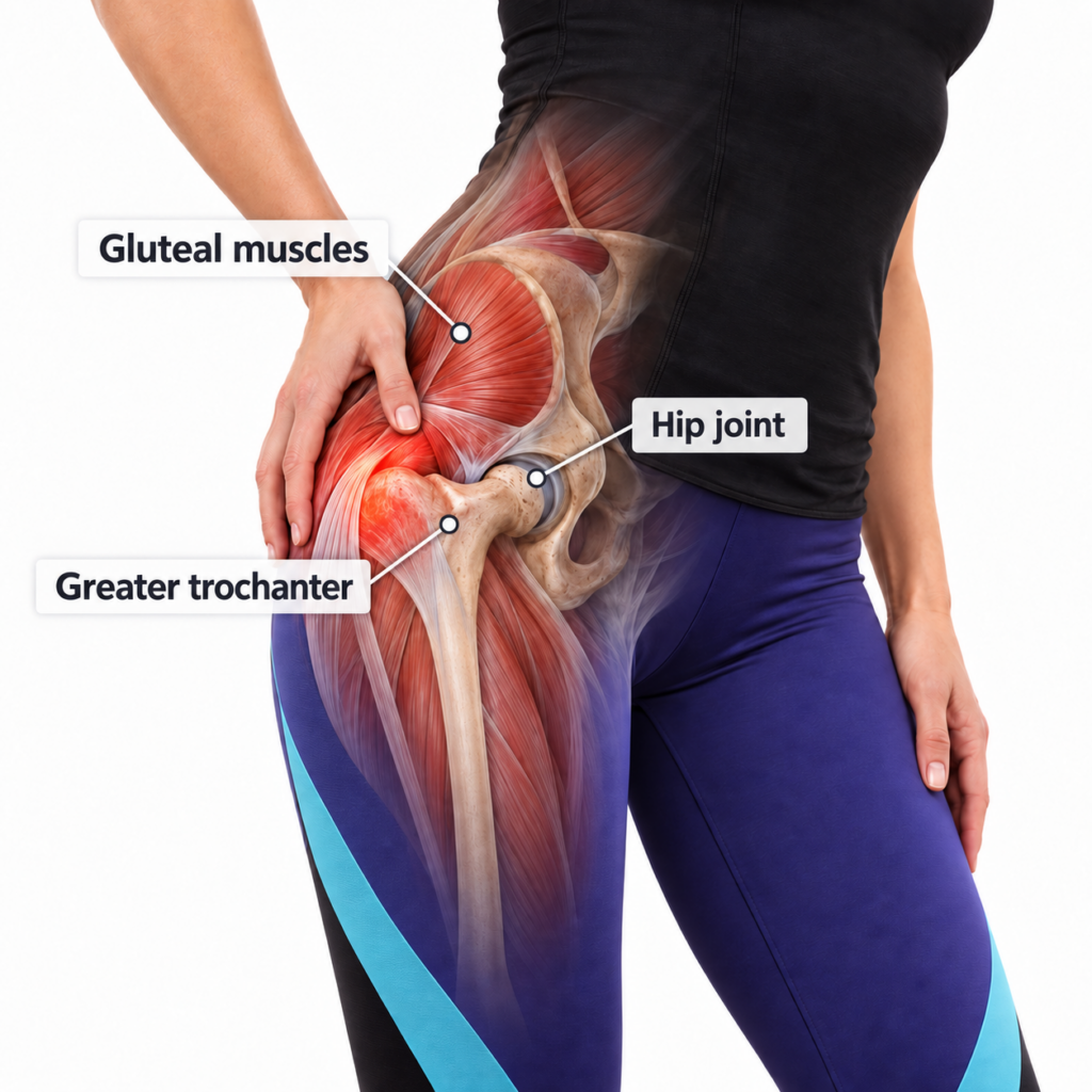 Hip anatomy labelled hip joint, greater trochanter and gluteal muscles