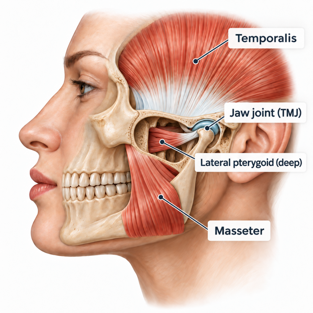 Jaw anatomy labelled temporalis, jaw joint, deep lateral pterygoid and masseter