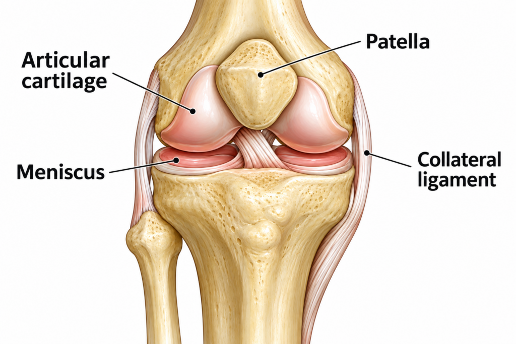 Knee joint diagram labelled patella, cartilage, meniscus and collateral ligament
