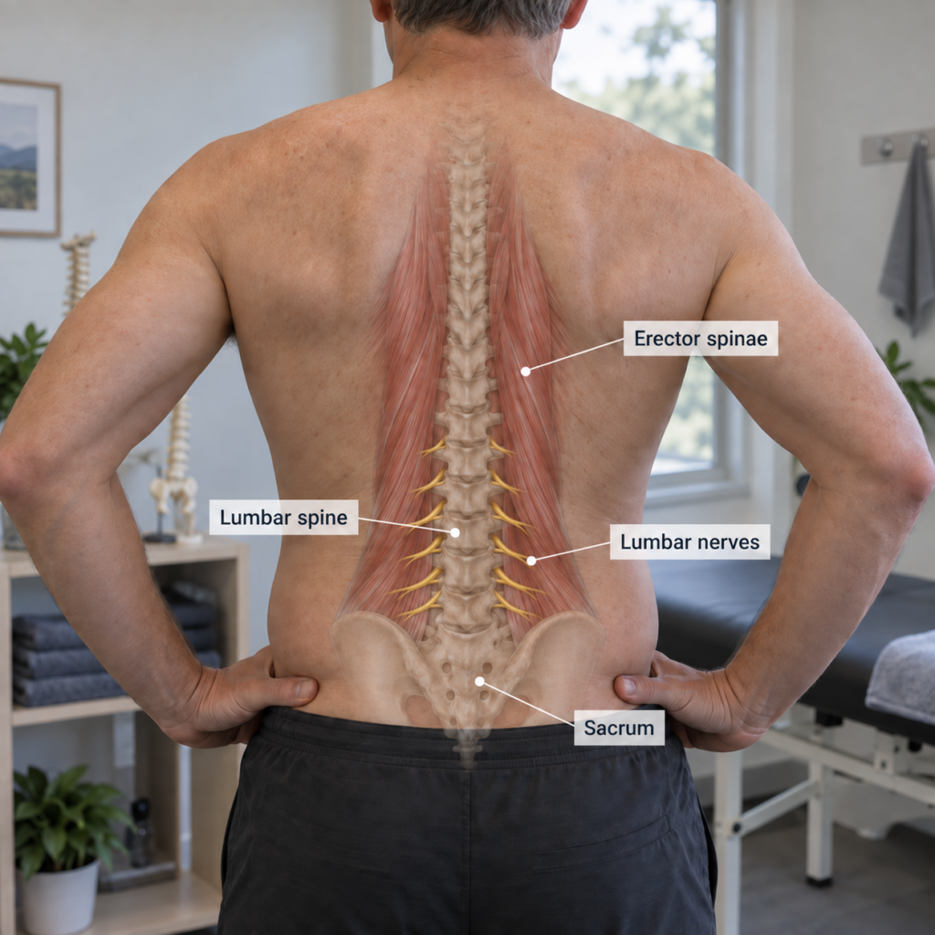 Person with lower back anatomy overlay labelled lumbar spine, erector spinae, lumbar nerves and sacrum