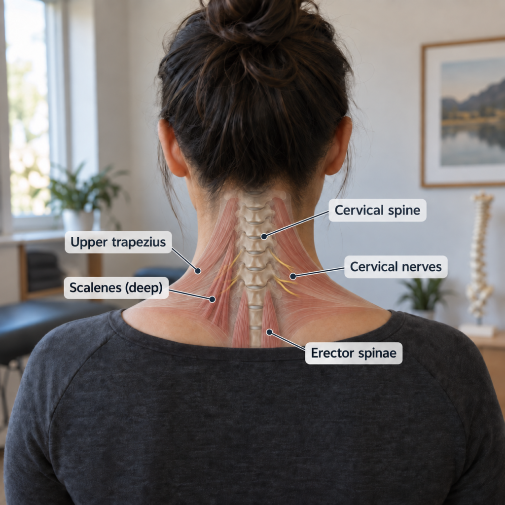 Posterior neck anatomy showing cervical spine, upper trapezius, deep scalenes, erector spinae and cervical nerves