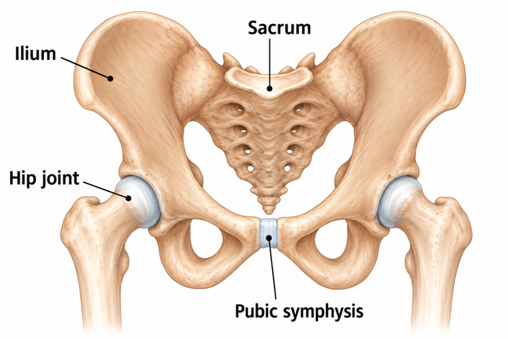 Pelvis diagram labelled ilium, sacrum, hip joint and pubic symphysis