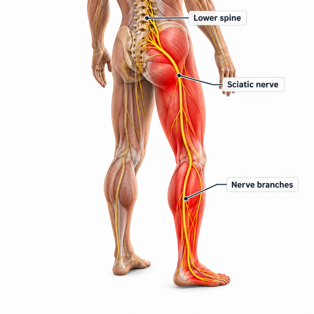 Sciatic nerve anatomy labelled lower spine, sciatic nerve and nerve branches