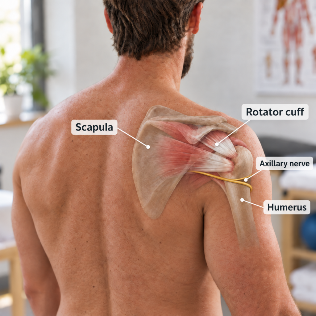 Bare shoulder with labelled scapula, rotator cuff, humerus and axillary nerve