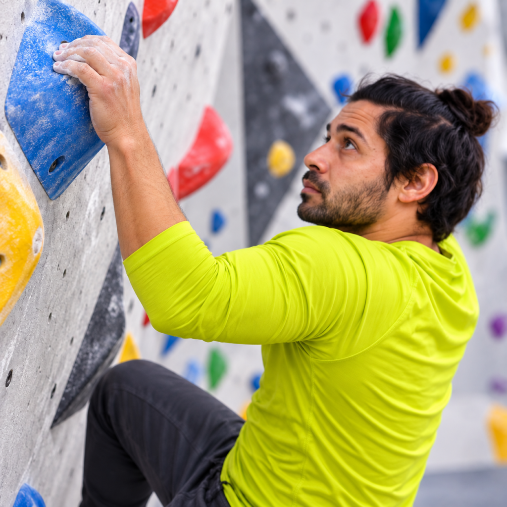 Rock climber gripping an indoor climbing hold with a bent arm