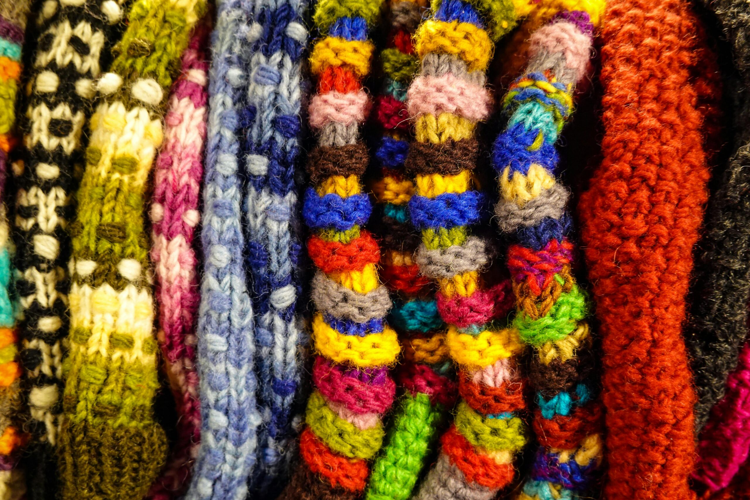 Close-up of colourful knitted wool