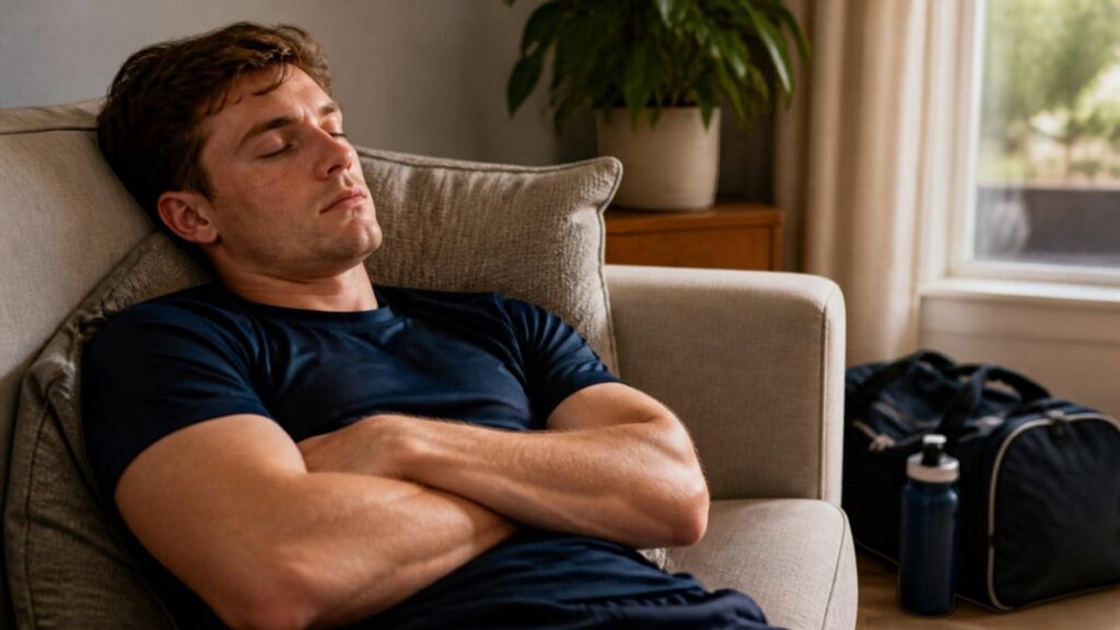 Young athlete taking a short afternoon nap on the couch after training