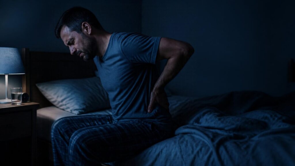 Man sitting on the edge of his bed at night holding his lower back in pain