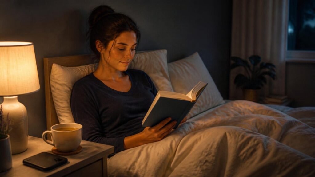 Woman reading a book in bed by lamplight to wind down before sleep